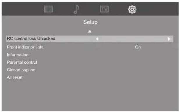 Setup RC control lock Unlocked Front Indicator light Information Parental control Closed caption All reset