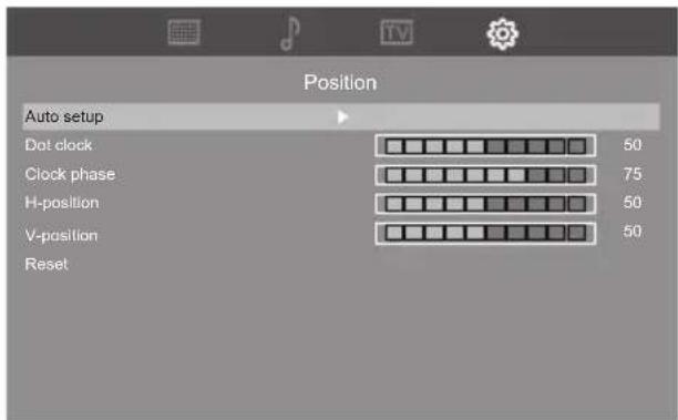 Position: Auto setup, Dot clock 50, Clock phase 75, H-position 50, V-position 50, Reset