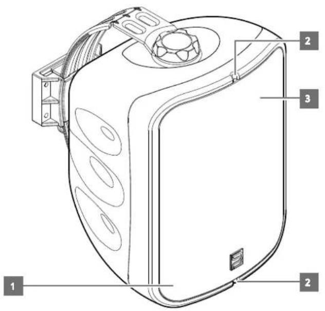 Technical diagram of a device casing with numbered parts labeled 1, 2, and 3
