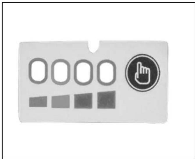 Electronic component display panel with four circular buttons and a pointing hand icon