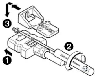 Technical diagram of a mechanical device with labeled parts and directional arrows indicating motion or assembly.