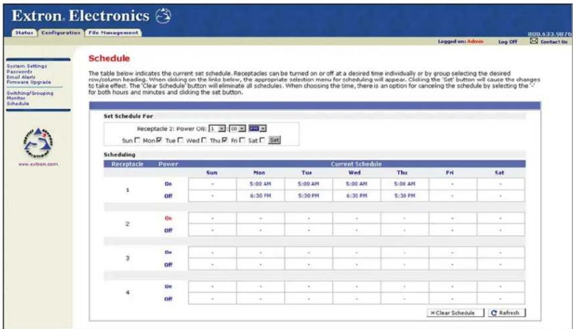 Extron Electronics Status Configuration File Management 800.633.9876 Logged on: Admin Log Off Contact Use Schedule The table below indicates the current set schedule. Receptacles can be turned on or off at a desired time individually or by group selecting the desired row/column heading. When clicking on the links below, the appropriate selection menu for scheduling will appear. Clicking the 'Set' button will cause the changes to take effect. The 'Clear Schedule' button will eliminate all schedules. When choosing the time, there is an option for sanctioning the schedule by selecting the '-' for both hours and minutes and clicking the set button. Set Schedule For Receptacle 2: Power ON: 1 >> 10 >> 7 PM Sun Mon Tue Wed Thu Fri Sat Set Scheduling Receptacle Power Current Schedule Sun Mon Tue Wed Thu Fri Sat Set 1 On - 5:00 AM 5:00 AM 5:00 AM 5:00 AM - - Off - 6:30 PM 5:30 PM 6:30 PM 5:30 PM - - 2 On - - - - - - - - Off - - - - - - - - 3 On - - - - - - - - - Off - - - - - - - - 4 On - - - - - - - - - Off - - - - - - - - - × Clear Schedule Refresh