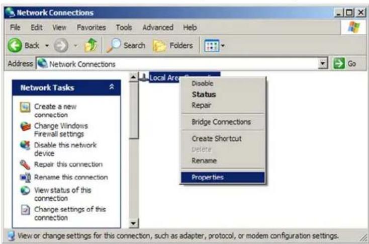 Network Connections File Edit View Favorites Tools Advanced Help Back Search Folders Address Network Connections Go Network Tasks Local Area Create a new connection Change Windows Firewall settings Disable this network device Repair this connection Rename this connection View status of this connection Change settings of this connection Disable Status Repair Bridge Connections Create Shortcut delete Rename Properties View or change settings for this connection, such as adapter, protocol, or modem configuration settings.