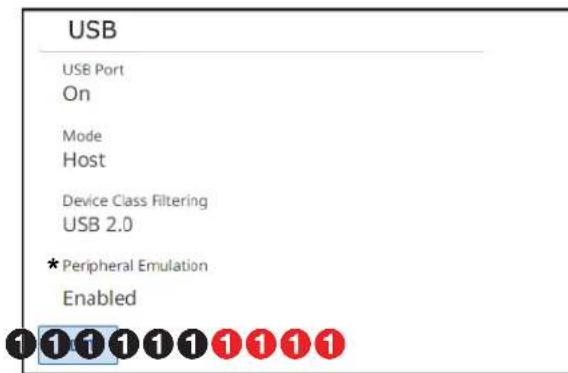 USB USB Port On Mode Host Device Class Filtering USB 2.0 * Peripheral Emulation Enabled