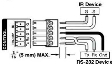 CONTROL IR RS-232 TX Rx G S G 3/16" (5 mm) MAX. IR Device G S Tx Rx Gnd RS-232 Devic e