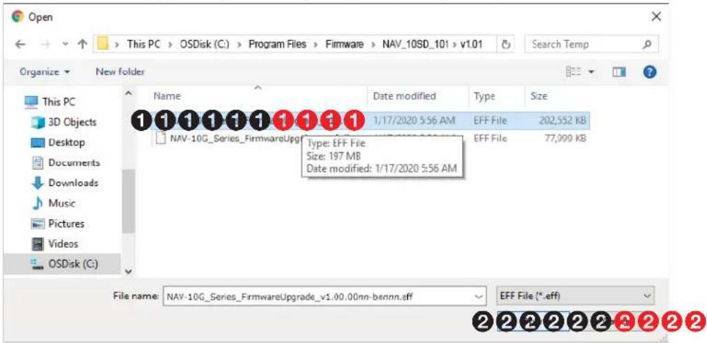 Open This PC > OSDisk (C:) > Program Files > Firmware > NAV_10SD_101 > v1.01 Search Temp Organize New folder Name Date modified Type Size 1 1 1 1 1 1 1 1 1 1 1 1 1 1/17/2020 5:56 AM EFF File 202,552 KB NAV-10G_Series_FirmwareUpgrade Type: EFF File. Size: 197 MB Date modified: 1/17/2020 5:56 AM File name: NAV-10G_Series_FirmwareUpgrade_v1.00.00nn-bannn.aff EFF File (*.eff) 2 2 2 2 2 2 2 2 2 2