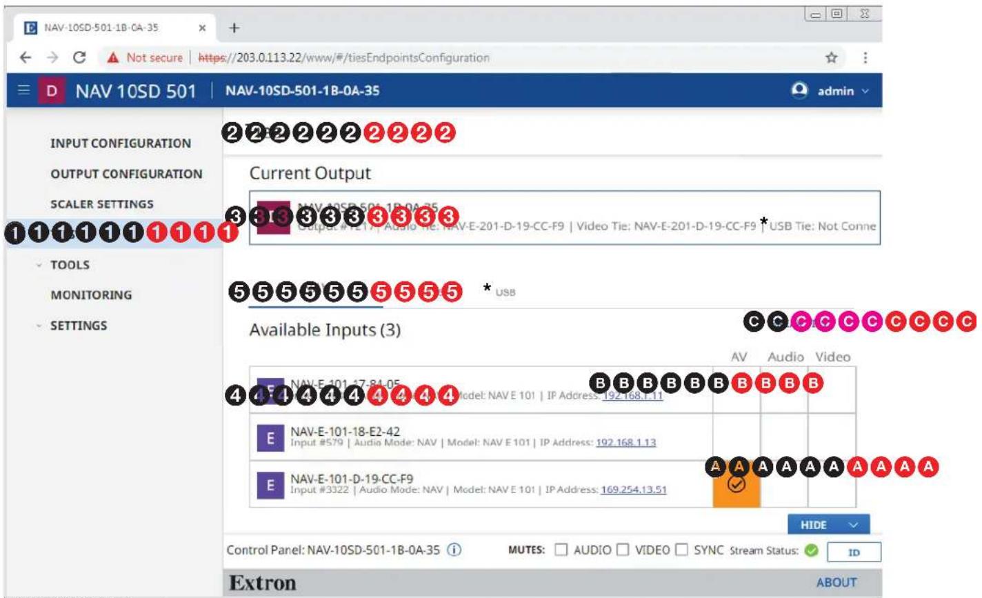 NAV-10SD-501-1B-0A-35 D NAV 10SD 501 | NAV-10SD-501-1B-0A-35 admin INPUT CONFIGURATION OUTPUT CONFIGURATION SCALER SETTINGS 1111111111 TOOLS MONITORING SETTINGS Current Output NAV-10SD-501-1B-0A-35 Output: #F2.17 Audio Tie: NAV-E-201-D-19-CC-F9 | Video Tie: NAV-E-201-D-19-CC-F9 * USB Tie: Not Conne 5555555555555555555555555555555555555555555555555555555555555555555555555555555555555555555555555 Available Inputs (3) C C C C C C C C C C C C AV Audio Video 4 4 4 4 4 4 4 4 4 4 4 4 4 4 4 4 4 4 4 4 4 4 4 4 4 4 4 4 4 4 4 4 4 4 4 4 4 4 4 4 4 4 4 4 4 4 4 4 4 4 4 NAV-E-101-17-84.05 Model: NAV E 101 | IP Address: 192.168.1.11 E NAV-E-101-18-E2-42 Input #579 | Audio Mode: NAV | Model: NAV E 101 | IP Address: 192.168.1.13 E NAV-E-101-D-19-CC-F9 Input #3322 | Audio Mode: NAV | Model: NAV E 101 | IP Address: 169.254.13.51 A A A A A A A A A A HIDE Control Panel: NAV-10SD-501-1B-0A-35 i MUTES: □ AUDIO □ VIDEO □ SYNC Stream Status: ✓ ID Extron ABOUT