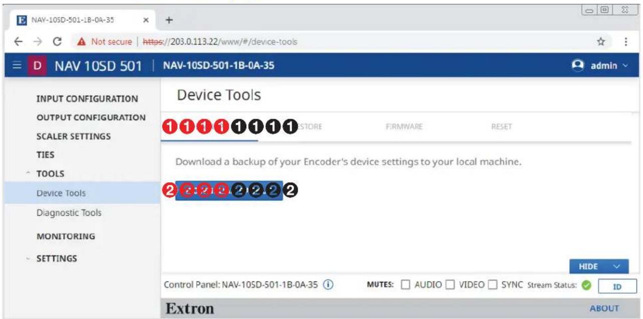 NAV-10SD-501-1B-0A-35 ← → C ▲ Not secure | https://203.0.113.22/www/#/device-tools ≡ D NAV 10SD 501 | NAV-10SD-501-1B-0A-35 admin INPUT CONFIGURATION OUTPUT CONFIGURATION SCALER SETTINGS TIES TOOLS Device Tools Diagnostic Tools MONITORING SETTINGS Device Tools 1 1 1 1 1 1 1 1 STORE FIRMWARE RESET Download a backup of your Encoder's device settings to your local machine. 2 2 2 2 2 2 2 2 2 2 2 2 2 2 HIDE Control Panel: NAV-10SD-501-1B-0A-35 i MUTES: □ AUDIO □ VIDEO □ SYNC Stream Status: ✓ ID Extron ABOUT