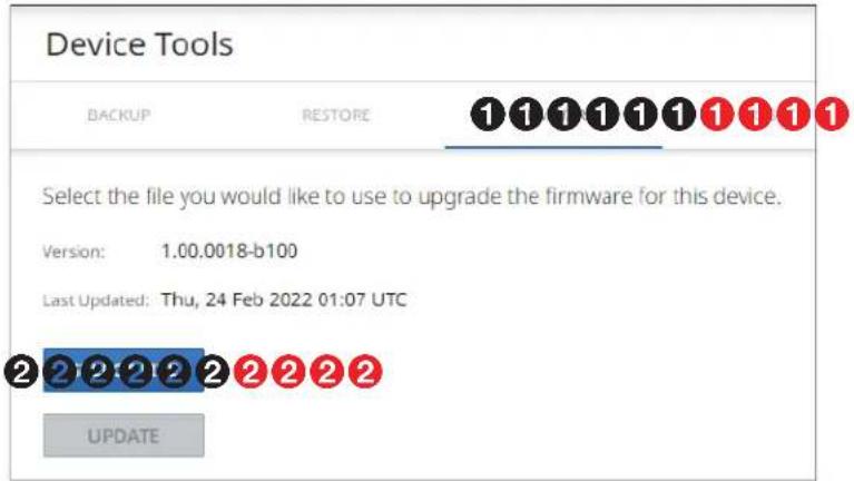 Device Tools BACKUP RESTORE 1 1 1 1 1 1 1 1 1 Select the file you would like to use to upgrade the firmware for this device. Version: 1.00.0018-b100 Last Updated: Thu, 24 Feb 2022 01:07 UTC 2 2 2 2 2 2 2 2 2 UPDATE