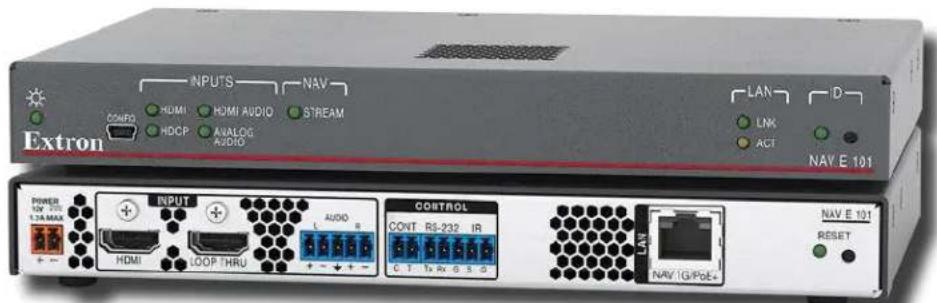 INPUTS NAV HDMI HDMI AUDIO STREAM COMPD HDCP ANALOG AUDIO LAN D LINK ACT Extron NAV E 101 POWER 12V 315 L 2.4 MAX + - INPUT AUDIO CONTROL CONT RS-232 IR C 1 T 1x Rx 6 S 2 NAV IG/POE+ NAV E 101 RESET