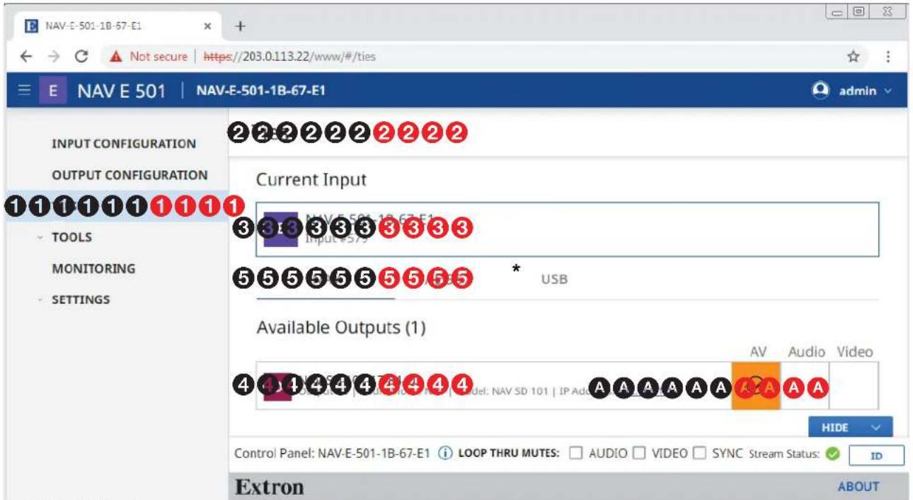 NAV-E-501-1B-67-E1 E NAV E 501 | NAV-E-501-1B-67-E1 INPUT CONFIGURATION OUTPUT CONFIGURATION Current Input TOOLS MONITORING SETTINGS #1 1 1 1 1 1 1 1 1 3 3 3 3 3 3 3 3 #5 5 5 5 5 5 5 5 5 * USB Available Outputs (1) 4 4 4 4 4 4 4 4 AV Audio Video Control Panel: NAV-E-501-1B-67-E1 LOOP THRU MUTES: AUDIO VIDEO SYNC Stream Status: Extron ABOUT