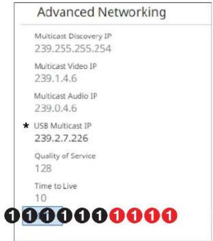 Advanced Networking Multicast Discovery IP 239.255.255.254 Multicast Video IP 239.1.4.6 Multicast Audio IP 239.0.4.6 * USB Multicast IP 239.2.7.226 Quality of Service 128 Time to Live 10