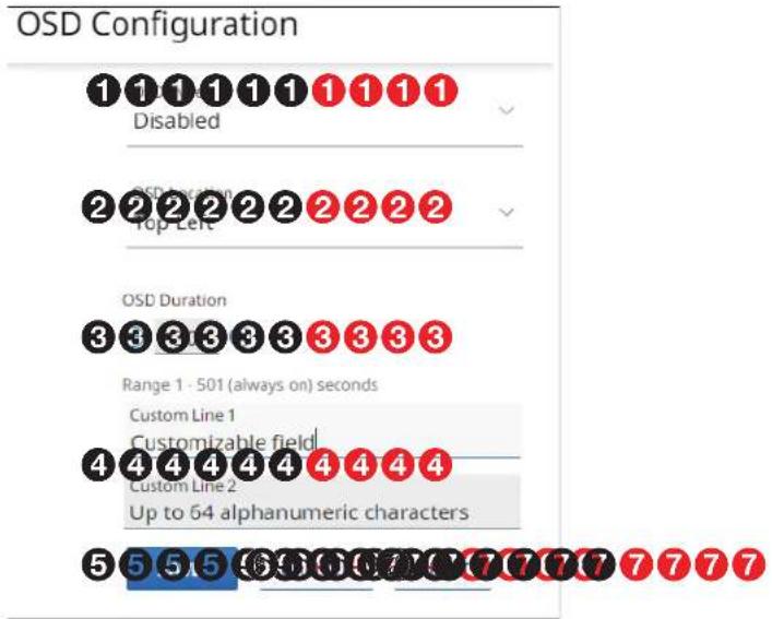 OSD Configuration 1 1 1 1 1 1 1 1 1 Disabled 2 2 2 2 2 2 2 2 2 OSD Duration 3 3 3 3 3 3 3 3 3 Range 1 - 501 (always on) seconds Custom Line 1 Customizable field 4 4 4 4 4 4 4 4 4 Custom Line 2 Up to 64 alphanumeric characters 5 5 5 5 6 6 6 7 7 7 7 7 7 7