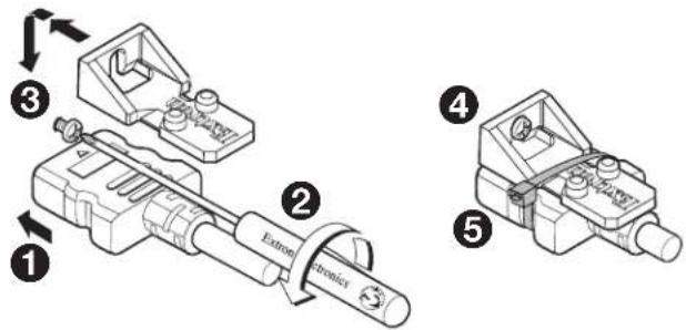 Technical diagram showing five numbered mechanical assembly steps with labeled components and directional arrows