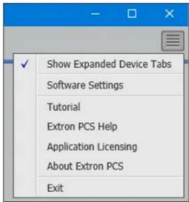 Show Expanded Device Tabs Software Settings Tutorial Extron PCS Help Application Licensing About Extron PCS Exit