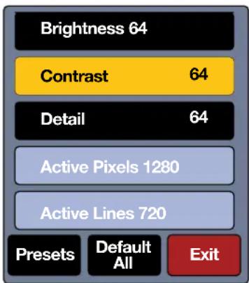 Brightness 64 Contrast 64 Detail 64 Active Pixels 1280 Active Lines 720 Presets Default All Exit