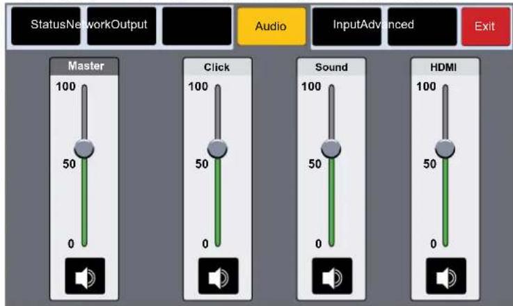 StatusNetworkOutput Audio InputAdvanced Exit Master 100 50 0 Click 100 50 0 Sound 100 50 0 HDMI 100 50 0