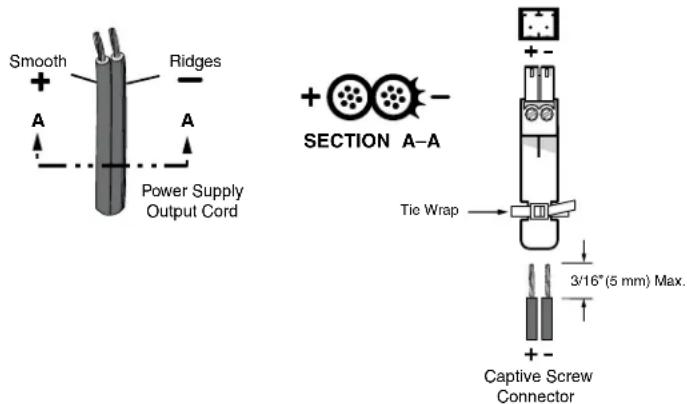 Smooth Ridges A A Power Supply Output Cord SECTION A-A Tie Wrap 3/16" (5 mm) Max. Captive Screw Connector