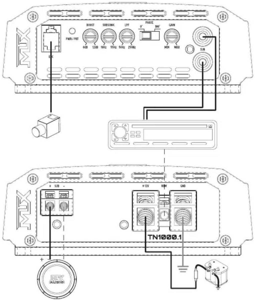 MAX PWR/PRT 0dB 12dB 10Hz 55Hz 50Hz 250Hz LFC BOOST SUBSONK LPF PHASE 0° 100° GAIN MIN MAX SUB + SUB - +12V RPM GND TN1000.1 +