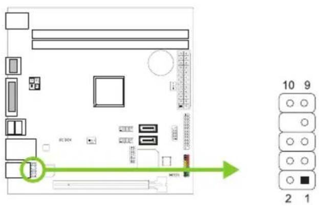 Diagram of a computer motherboard layout with labeled components and a green arrow indicating direction, alongside a grid of numbered indicators.