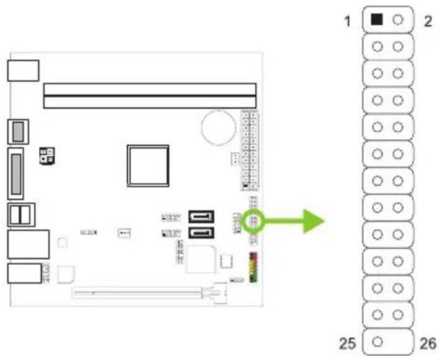 Diagram of a computer motherboard layout with labeled components and a green arrow pointing to a specific component, alongside a grid layout showing numbered rows 1, 2, 25, and 26.