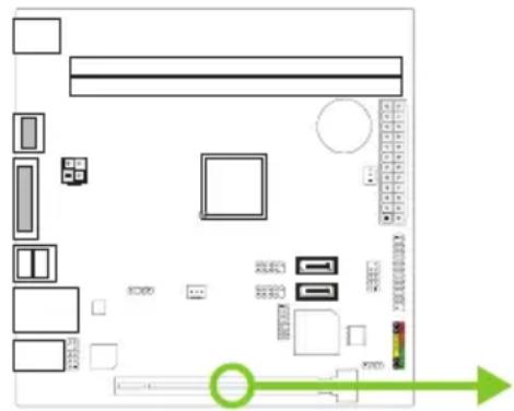 Diagram of a computer motherboard layout with labeled components and directional arrow