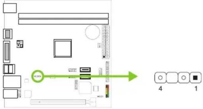 Diagram of a computer motherboard layout with labeled components and directional arrow indicating assembly or connection.