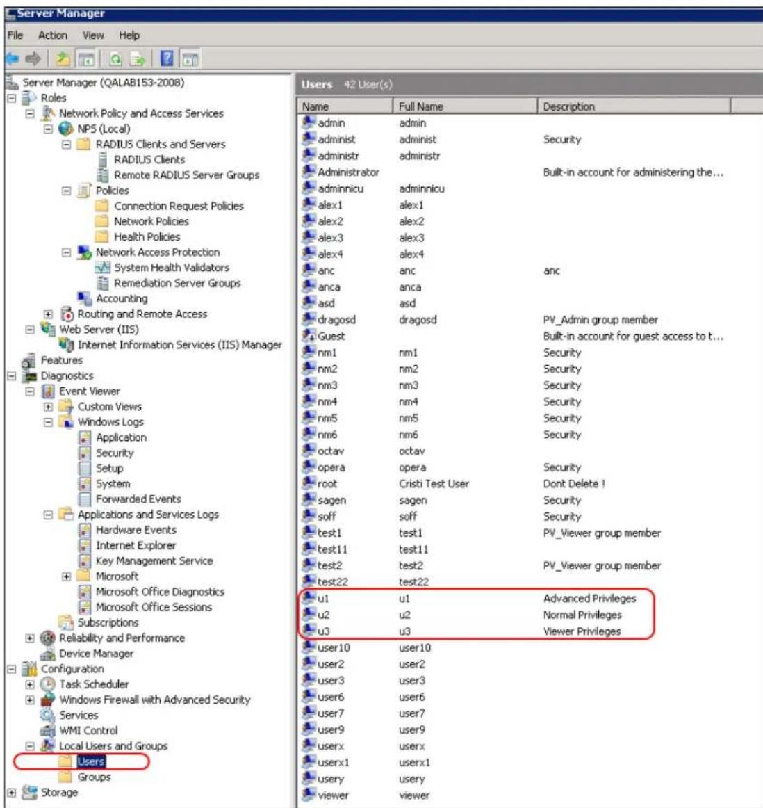 Server Manager File Action View Help Server Manager (QALAB153-2008) Roles Network Policy and Access Services NPS (Local) RADIUS Clients and Servers RADIUS Clients Remote RADIUS Server Groups Policies Connection Request Policies Network Policies Health Policies Network Access Protection System Health Validators Remediation Server Groups Accounting Routing and Remote Access Web Server (IIS) Internet Information Services (IIS) Manager Features Diagnostics Event Viewer Custom Views Windows Logs Application Security Setup System Forwarded Events Applications and Services Logs Hardware Events Internet Explorer Key Management Service Microsoft Microsoft Office Diagnostics Microsoft Office Sessions Subscriptions Reliability and Performance Device Manager Configuration Task Scheduler Windows Firewall with Advanced Security Services WMI Control Local Users and Groups Users Groups Storage Users 42 User(s) Name Full Name Description admin admin administ administ Security administr administr Administrator Built-in account for administering the... adminnicu adminnicu alex1 alex1 alex2 alex2 alex3 alex3 alex4 alex4 anc anc anc anca anca asd asd dragosd dragosd PV_Admin group member Guest Built-in account for guest access to t... nm1 nm1 Security nm2 nm2 Security nm3 nm3 Security nm4 nm4 Security nm5 nm5 Security nm6 nm6 Security octav{octav opera.opera Security root Cristi Test User Dont Delete ! sagen sagen Security soff(soff Security test1,test1 PV_Viewer group member test11,test11 test2,test2 PV_Viewer group member test22,test22 u1*u1 Advanced Privileges u2*u2 Normal Privileges u3*u3 Viewer Privileges user10(user10) user2(user2) user3(user3) user6(user6) user7(user7) user9(user9) userx(userx) userx1(userx1) usery(usery) viewerviewer