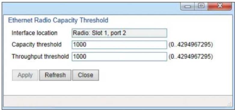 Ethernet Radio Capacity Threshold Interface location Radio: Slot 1, port 2 Capacity threshold 1000 (0..4294967295) Throughput threshold 1000 (0..4294967295) Apply Refresh Close