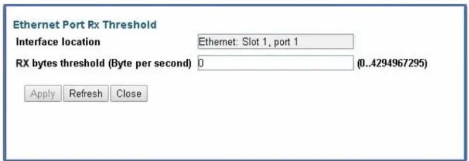 Ethernet Port Rx Threshold Interface location Ethernet: Slot 1, port 1 RX bytes threshold (Byte per second) 0 (0..4294967295) Apply Refresh Close