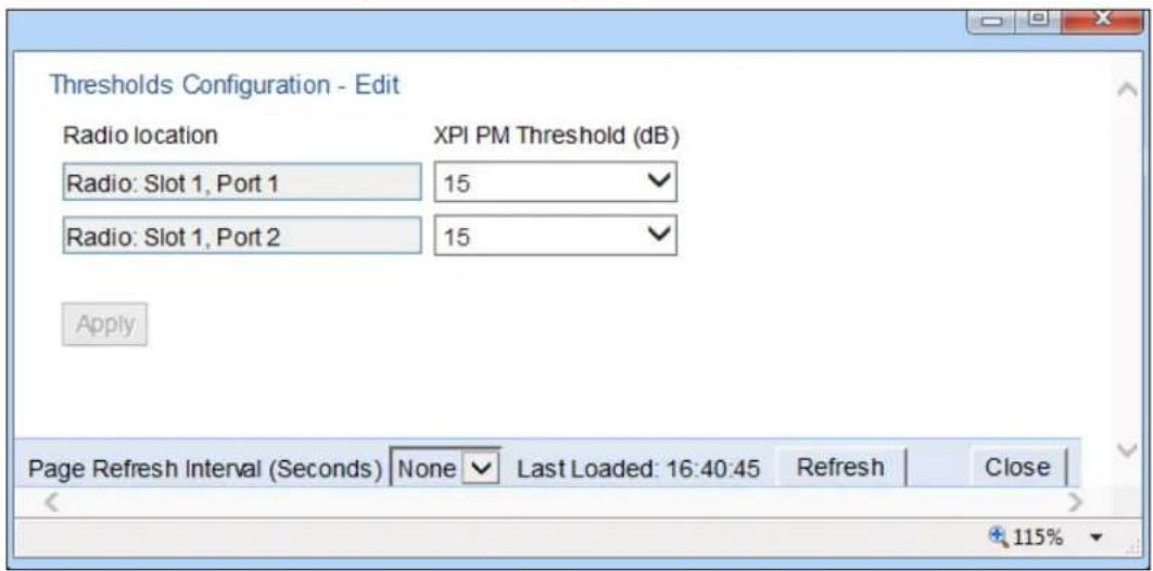 Thresholds Configuration - Edit Radio location Radio: Slot 1, Port 1 Radio: Slot 1, Port 2 XPI PM Threshold (dB) 15 15 Apply Page Refresh Interval (Seconds) None Last Loaded: 16:40:45 Refresh Close 115%