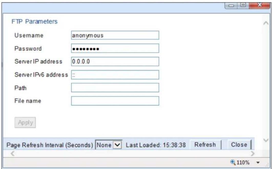 FTP Parameters Username anonymous Password ••••••••• ServerIP address 0.0.0.0 ServerIPv6 address :: Path File name Apply Page Refresh Interval (Seconds) None Last Loaded: 15:38:38 Refresh Close 110%