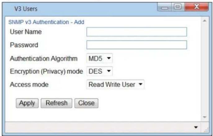 V3 Users SNMP v3 Authentication - Add User Name Password Authentication Algorithm MD5 Encryption (Privacy) mode DES Access mode Read Write User Apply Refresh Close