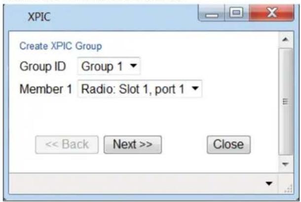 XPIC Create XPIC Group Group ID Group 1 Member 1 Radio: Slot 1, port 1 << Back Next >> Close