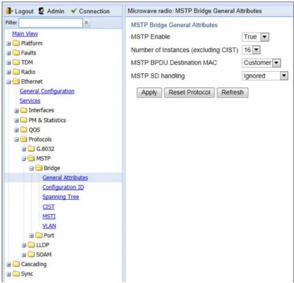 Logout Admin Connection Filter Main View Platform Faults TDM Radio Ethernet General Configuration Services Interfaces PM & Statistics QOS Protocols G.8032 MSTP Bridge General Attributes Configuration ID Spanning Tree CIST MSTI VLAN Port LLDP SOAM Cascading Sync Microwave radio: MSTP Bridge General Attributes MSTP Bridge General Attributes MSTP Enable True Number of Instances (excluding CIST) 16 MSTP BPDU Destination MAC Customer MSTP SD handling Ignored Apply Reset Protocol Refresh