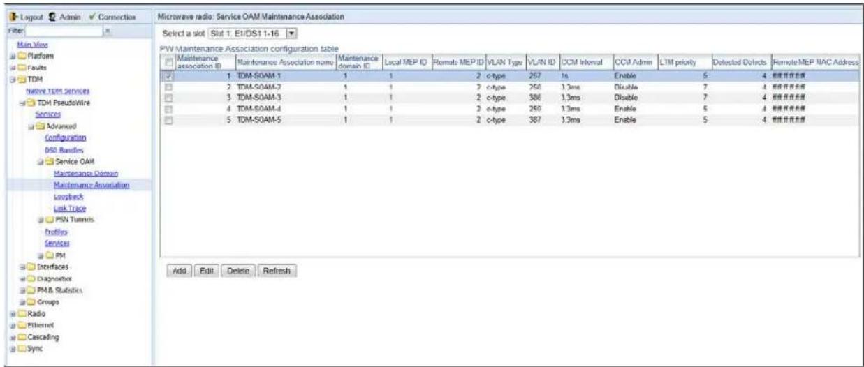 Logout Admin Connection Filter Main View Platform Faults TDM Native TDM Services TDM Pseudowire Services Advanced Configuration DSB Bundles Service OAM Maintenance Domain Maintenance Association Loopback Link Trace PSN Turnets Profiles Services PM Interfaces Diagnostics PM & Statistics Groups Radio Ethernet Cascaling Sync Microwave radio: Service OAM Maintenance Association Select a slot Slot 1. E1/DS1 1-16 PW Maintenance Association configuration table Maintenance association ID Maintenance Association name Maintenance domain ID Local MEP ID Remote MEP ID VLAN Type VLAN ID CCM Internal CCM Admin LTM priority Detected Dofects Remote MEP MAC Address ✓ 1 TDM-50AM-1 1 1 2 c-type 257 Is Enable 5 4 #授权者选择 □ 2 TDM-50AM-2 1 1 2 c-type 258 1.3ms Disable 7 4 #授权者选择 □ 3 TDM-50AM-3 1 1 2 c-type 388 1.3ms Disable 7 4 #授权者选择 □ 4 TDM-50AM-4 1 1 2 c-type 269 1.3ms Enable 5 4 #授权者选择 □ 5 TDM-50AM-5 1 1 2 c-type 387 1.3ms Enable 5 4 #授权者选择 Add Edit Delete Refresh