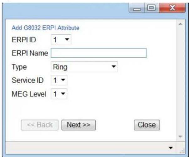 Add G8032 ERPI Attribute ERPI ID 1 ERPI Name Type Ring Service ID 1 MEG Level 1 << Back Next >> Close