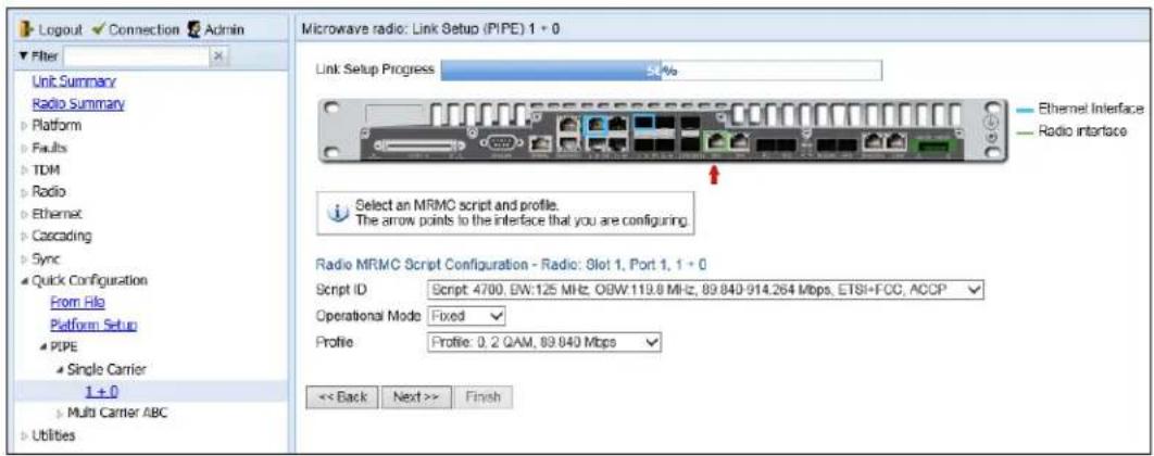Logout Connection Admin Filter Unit Summary Radio Summary Platform Faults TDM Radio Ethernet Cascading Sync Quick Configuration From Hig Platform Setup PIPE Single Carrier 1+0 Multi Carrier ABC Utilities Microwave radio: Link Setup (PIPE) 1 + 0 Link Setup Progress 50% Ethernet Interface Radio Interface Select an MRMC script and profile. The arrow points to the interface that you are configuring. Radio MRMC Script Configuration - Radio: Slot 1, Port 1, 1 + 0 Script ID Script: 4700, DW:125 MHz, 08W:119.0 MHz, 89.840-914.264 Mbps, ETSI+FCC, ACCP Operational Mode Fixed Profile: Profile: 0.2 QAM, 89.840 Mbps << Back Next >> Finish