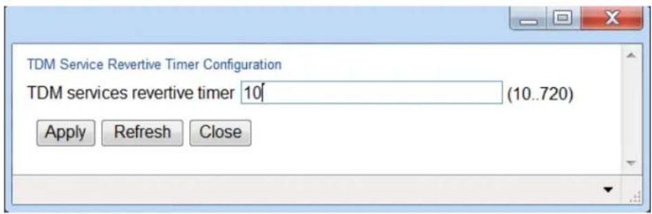 TDM Service Revertive Timer Configuration TDM services revertive timer 10[ (10..720) Apply Refresh Close