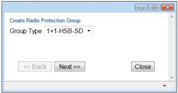 Create Radio Protection Group Group Type 1+1-HSB-SD << Back Next >> Close