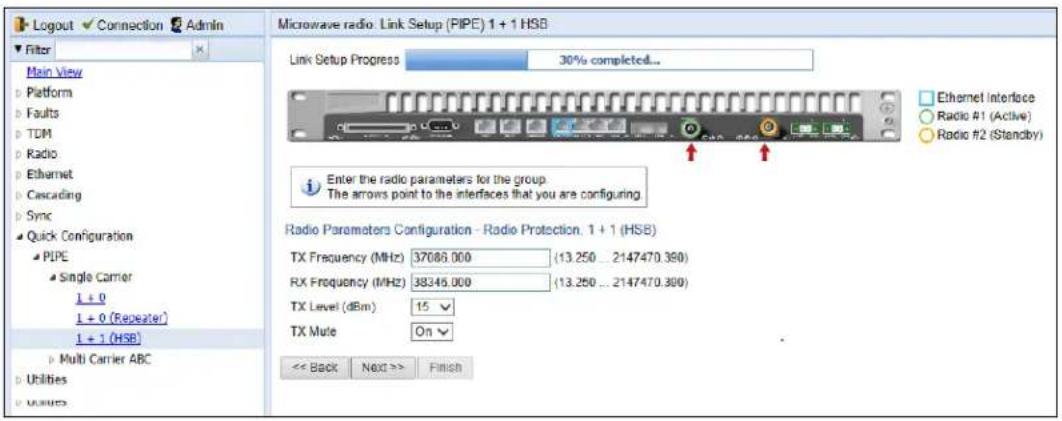 Logout Connection Admin Filter Main View Platform Faults TDM Radio Ethernet Cascading Sync Quick Configuration PIPE Single Carrier 1 + 0 1 + 0 (Repeater) 1 + 1 (HSB) Multi Carrier ABC Utilities MULUSS Microwave radio: Link Setup (PIPE) 1 + 1 HSB Link Setup Progress 30% completed... Ethernet Interface Radio #1 (Active) Radio #2 (Standby) Enter the radio parameters for the group. The arrows point to the interfaces that you are configuring. Radio Parameters Configuration - Radio Protection. 1 + 1 (HSB) TX Frequency (MHz) 37086.000 {13.250 ... 2147470.390} RX Frequency (MHz) 38345.000 {13.250 ... 2147470.390} TX Level (dBin) 15 TX Mute On << Back Next >> Finish