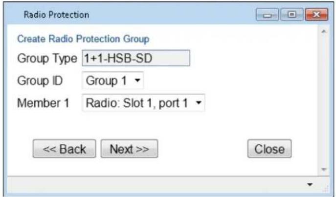 Radio Protection Create Radio Protection Group Group Type 1+1-HSB-SD Group ID Group 1 Member 1 Radio: Slot 1, port 1 << Back Next >> Close