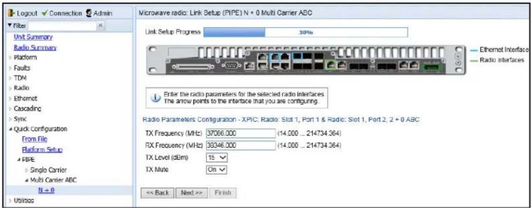 Logout Connection Admin Filter Unit Summary Radio Summary Platform Faults TDM Radio Ethernet Cascading Sync Quick configuration From File Platform Setup PIPE Single Carrier Multi Carrier ABC N + 0 Utilities Microwave radio: Link Setup (PIPE) N + 0 Multi Carrier ABC Link Setup Progress 30% Ethernet Interface Radio interfaces Enter the radio parameters for the selected radio interfaces The arrow points to the interface that you are configuring. Radio Parameters: Configuration - XPIC: Radio: Slot 1, Port 1 & Radio: Slot 1, Port 2, 2 + 0 ABC TX Frequency (MHz) 37066.000 (14.000 ... 214734.364) RX Frequency (MHz) 39346.000 (14.000 ... 214734.364) TX Level (dBm) 15 TX Mute On << Back Next >> Finish