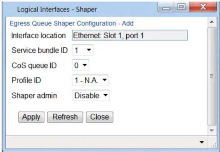Logical Interfaces - Shaper Egress Queue Shaper Configuration - Add Interface location Ethernet: Slot 1, port 1 Service bundle ID 1 CoS queue ID 0 Profile ID 1 - N.A. Shaper admin Disable Apply Refresh Close