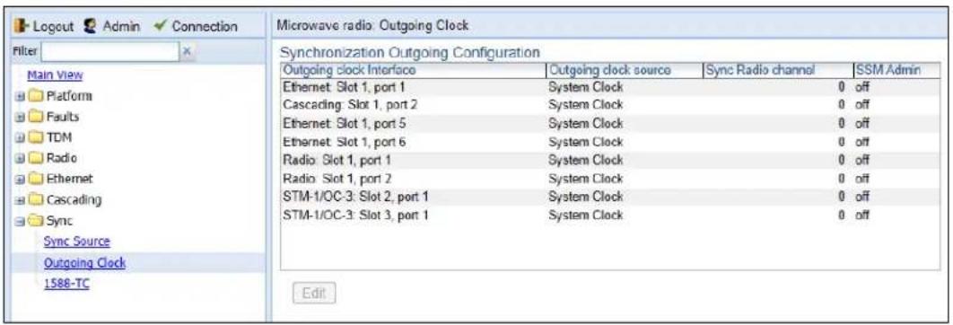 Logcut Admin Connection Filter Main View Platform Faults TDM Radio Ethernet Cascading Sync Sync Source Outgoing Clock 1588-TC Microwave radio: Outgoing Clock Synchronization Outgoing Configuration Outgoing clock Interface Outgoing clock source Sync Radio channel SSM Admin Ethernet: Slot 1, port 1 System Clock 0 off Cascading: Slot 1, port 2 System Clock 0 off Ethernet: Slot 1, port 5 System Clock 0 off Ethernet: Slot 1, port 6 System Clock 0 off Radio: Slot 1, port 1 System Clock 0 off Radio: Slot 1, port 2 System Clock 0 off STM-1/OC-3: Slot 2, port 1 System Clock 0 off STM-1/OC-3: Slot 3, port 1 System Clock 0 off Edit