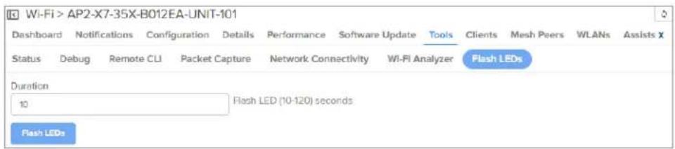 Wi-Fi > AP2-X7-35X-B012EA-UNIT-101 Dashboard Notifications Configuration Details Performance Software Update Tools Clients Mesh Peers WLANs Assists X Status Debug Remote CLI Packet Capture Network Connectivity Wi-Fi Analyzer Flash LEDs Duration 10 Flash LED (10-120) seconds Flash LEDs