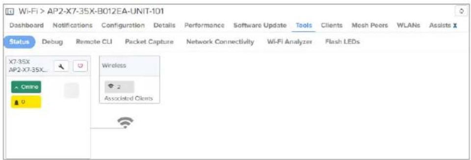 Wi-Fi > AP2-X7-35X-B012EA-UNIT-101 Dashboard Notifications Configuration Details Performance Software Update Tools Clients Mesh Peors WLANs Assists X Status Debug Remote CLI Packet Capture Network Connectivity Wi-Fi Analyzer Flash LEDs X7-35X AP2-X7-35X... Wireless 2 Associated Clients Online