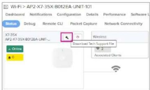Wi-Fi > AP2-X7-35X-B012EA-UNIT-101 Dashboard Notifications Configuration Details Performance Software L Status Debug Remote CLI Packet Capture Network Connectivity X7-35X AP2-X7-35X-B012EA-UNIT... Online Download Tech Support File Wireless Associated Clients