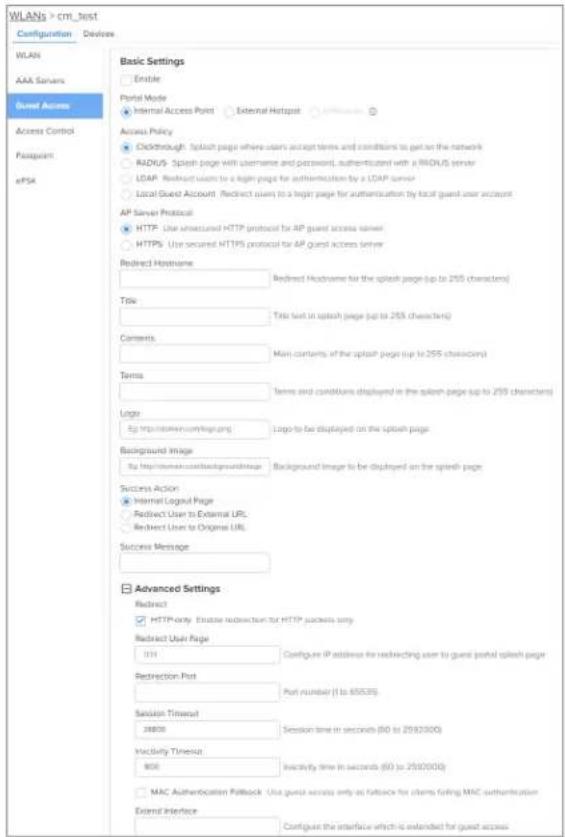 WLANs > cm_test Configuration Devices WLAN AAA Servers Gustal Access Access Control Passpoint ePSk Basic Settings Enable Portal Mode Internal Access Point External Hotspot Access Policy Clickthrough: splash page where users accept terms and conditions to get on the network RADUS/ Splash page with username and password, authenticated with a RADIUS server LDAP. Redirect users to a login page for authentication by a LDAP server Local Guest Account (Redirect users) to a login page for authentication by local guest user account AP Server Protocol HTTP: Use unsecured HTTP protocol for AP guest access server HTTPS: Use secured HTTPS protocol for AP guest access server Redirect Hostname: Redirect Hostname for the splash page (up to 255 characters) Title Title text in splash page (up to 255 characters) Contents Main contents of the splash page (up to 255 characters) Terms Terms and conditions displayed in the splash page (up to 255 characters) Logo By http://www.com/propag/Logo to be displayed on the splash page Background Image By http://www.com/backgroundImage Background Image to be displayed on the splash page Success Action Internal Lognal Page Redirect User to External URL Redirect User to Original URL Success Message Advanced Settings Redirect HTTP-only Enzyme redirection for HTTP juices only Redirect User Page 1011 Configure IP address for redirecting user to guest portal splash page Redirection Port Port number (1 to 65533) Session Timeout Session time in seconds (60 to 2593300) 8688 Inactivity Timeout Inactivity time in seconds (60 to 2593300) MAC Authentication Postlock Use guest access only as Facebook for clients fixing MAC authentication External Interface Configure the interface which is extended for guest access
