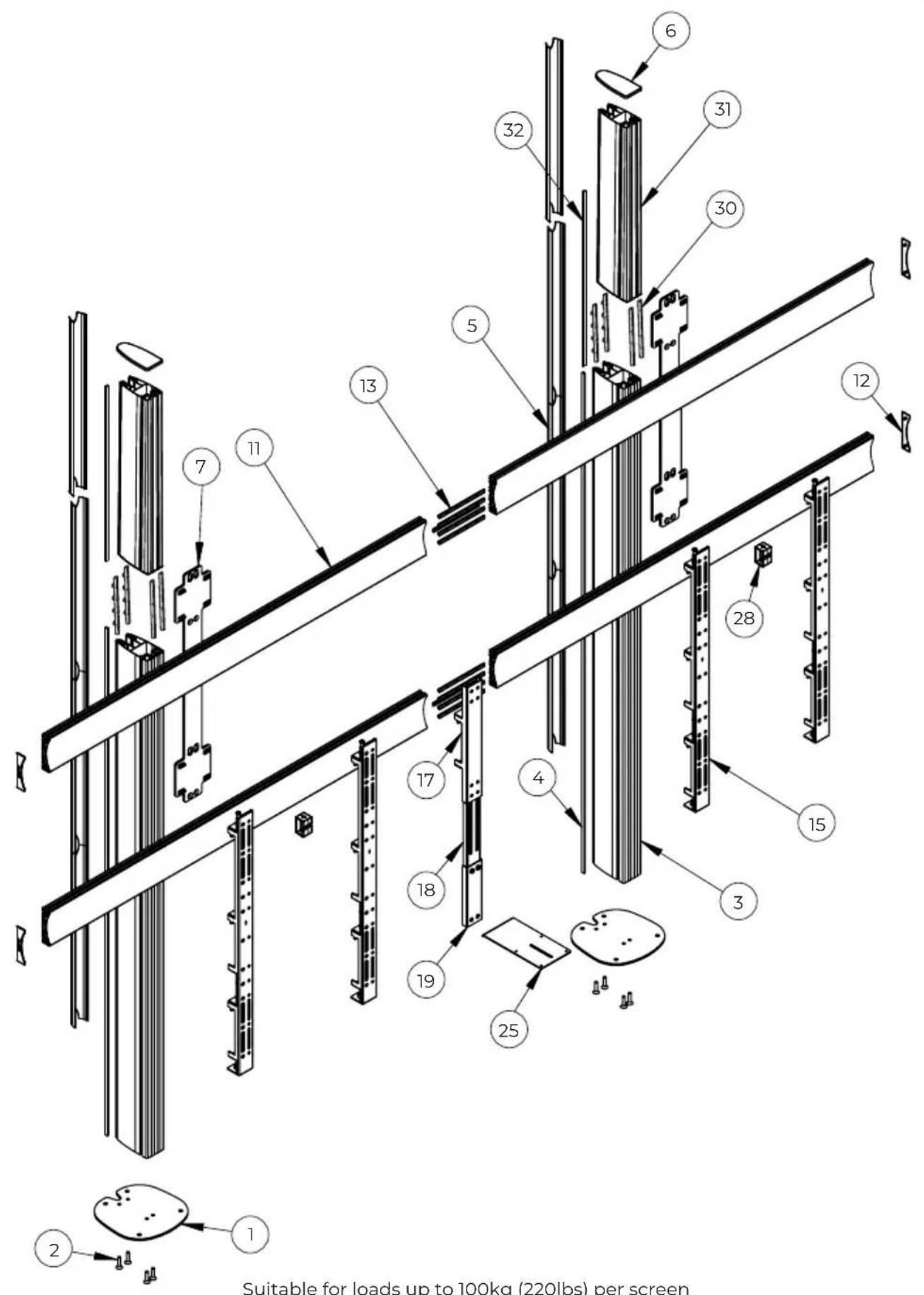 Suitable for loads up to 100kg (220lbs) per screen